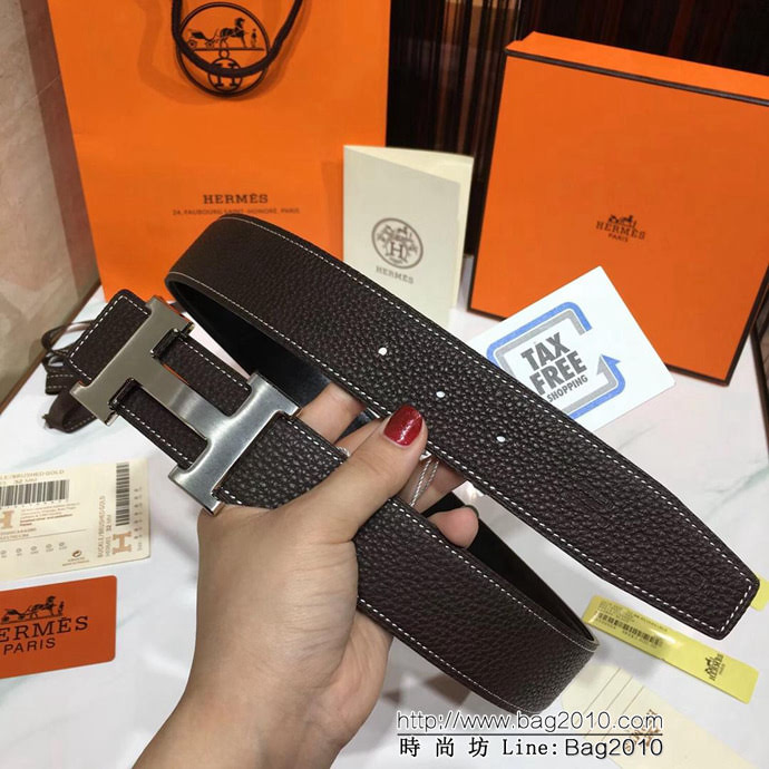 HERMES愛馬仕 咖啡色荔枝紋 義大利進口小牛皮 精鋼扣頭 男款皮帶  xfp1108